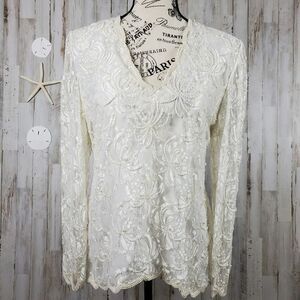 Vintage Laurence Kazar Beaded Lace Blouse Ivory Size Medium